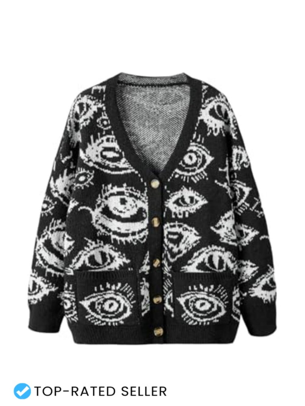 Plus Size Eye Print Goth Cardigan Grunge Punk Sweater Button Down V Neck